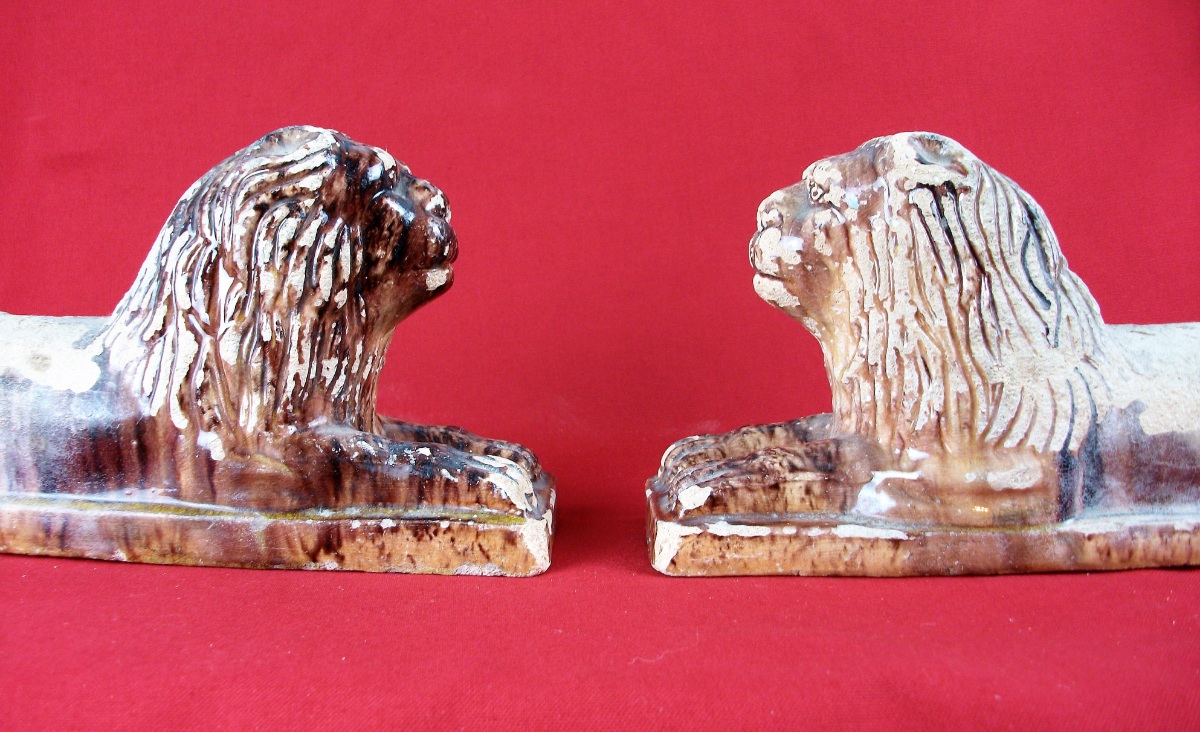 Pair of Antique Tuscany Terracotta Lions Firedogs